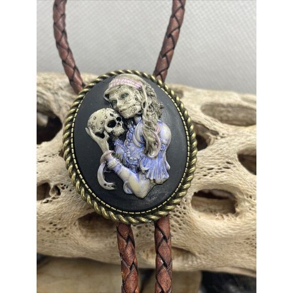 Valentine Til Death Do Us Part Sugar Skull Mexican Bolo Tie Skeleton Mens Women - Picture 8 of 15